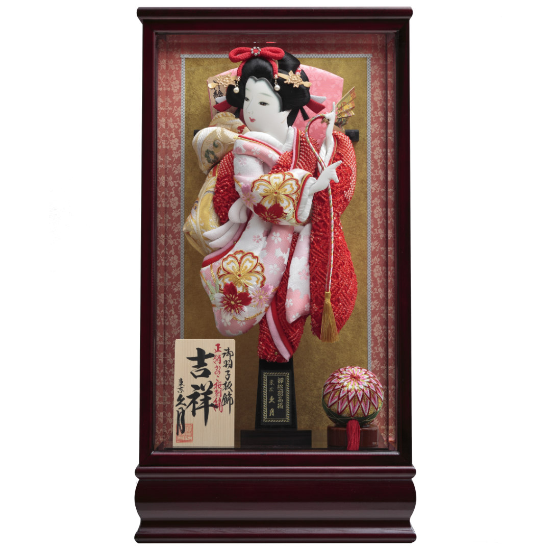 羽子板飾り　総柄鹿の子　刺繡振袖　マホ塗ケース　71EH-10