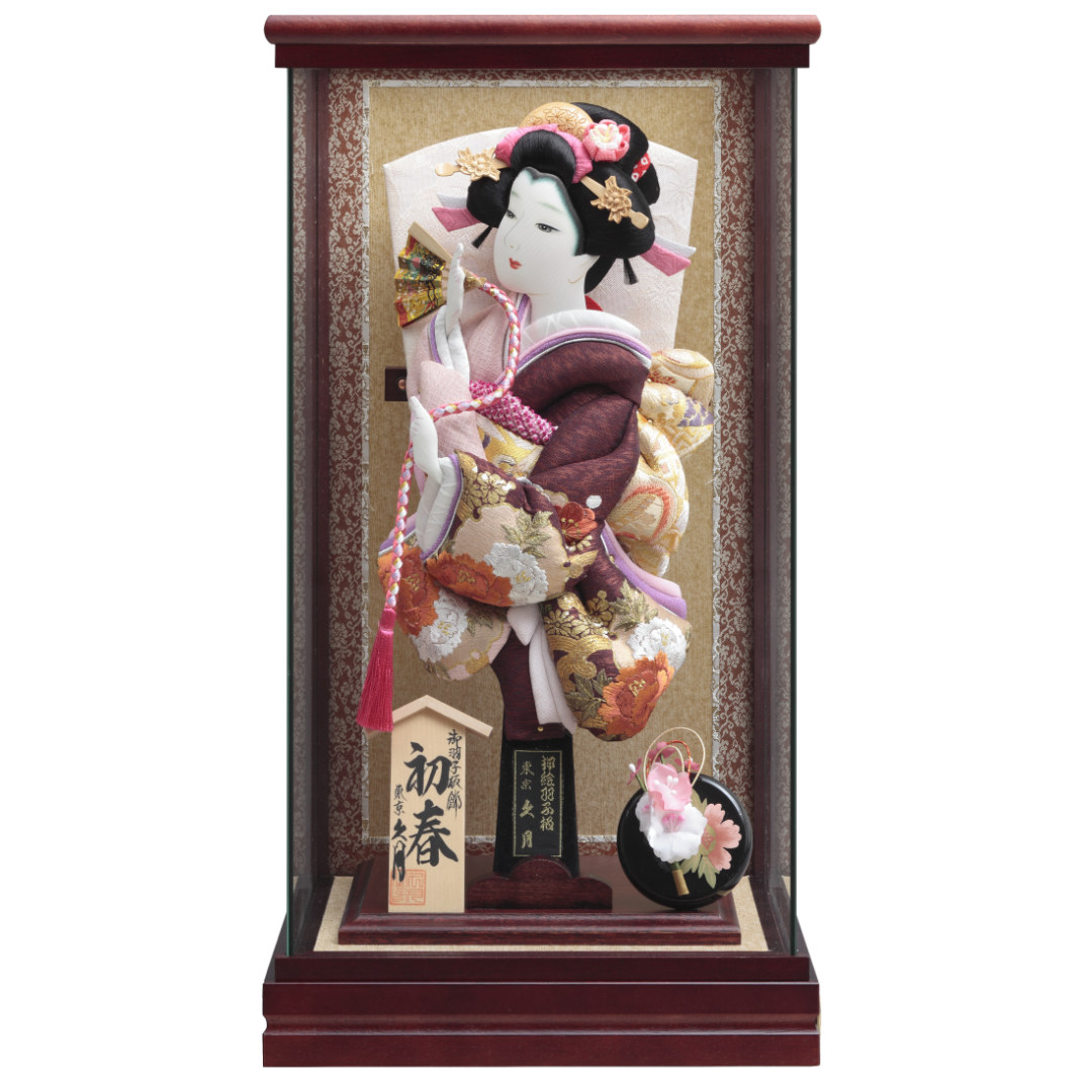羽子板飾り　刺繡振袖　マホ塗パノラマケース　71EH-11