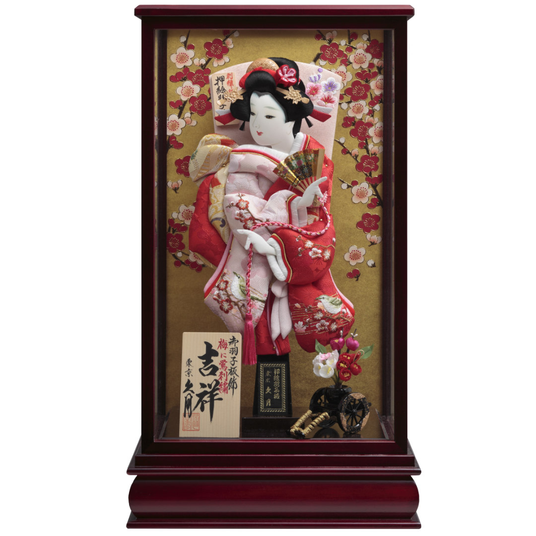 羽子板飾り　梅に鶯　刺繡振袖　マホ塗ケース　71EH-08
