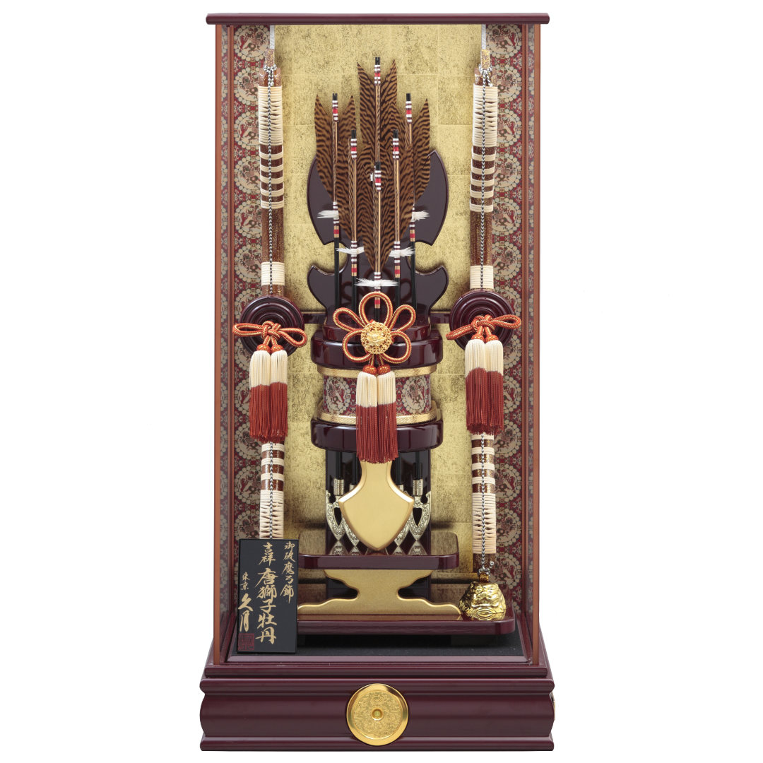 破魔弓飾り　本籐　龍村裂箙　箔押鏃　牡丹金物　マホ塗面取ケース　71EY-16