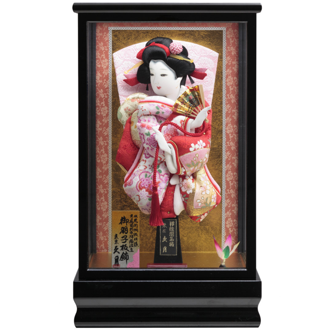羽子板飾り　金彩縮緬振袖　黒塗ケース　71EH-02